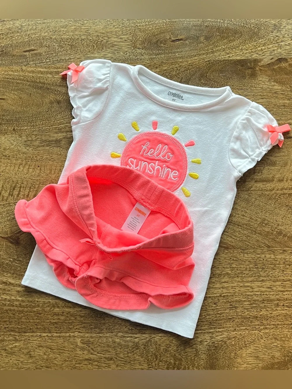 Gymboree Girls 2T Hello Sunshine Hot Pink Bows Matching Tee Shorts Set